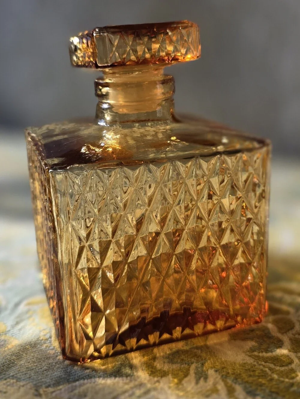 VTG Mid Century Amber Diamond Point Glass Decanter Bottle | Japan